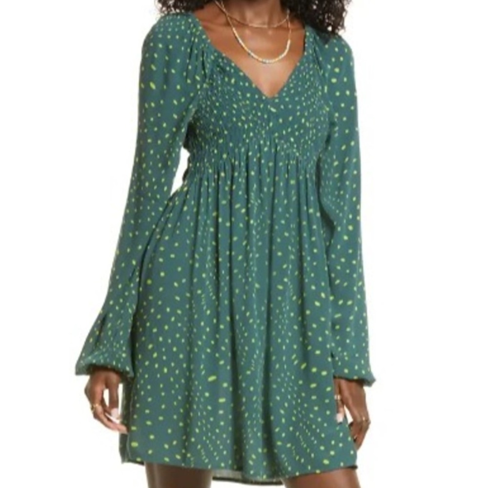 BP Women’s Green Yellow Polka Dot Balloon Sleeve Mini Dress Small S